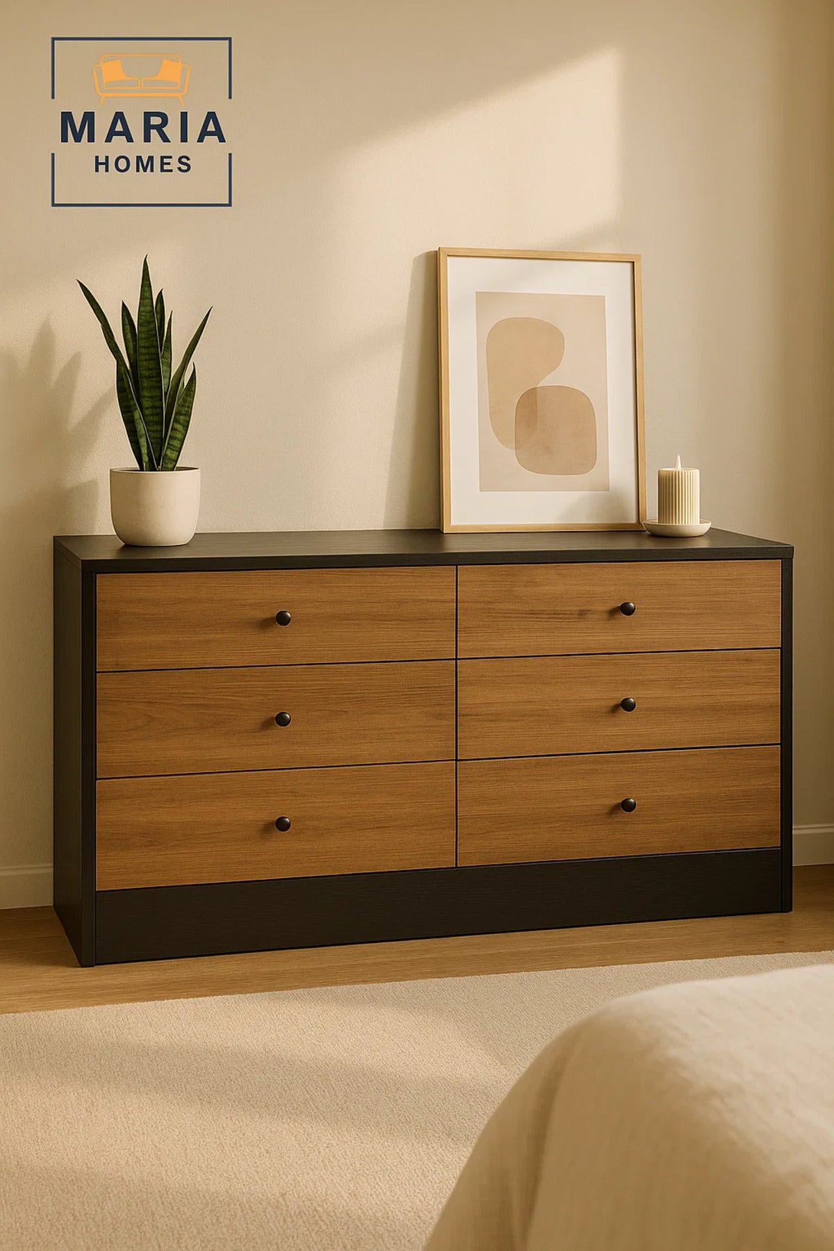Modern 6-Drawer Dresser 160_48_80 cm Ð Black Brown Storage Cabinet Ð Bedroom Chest