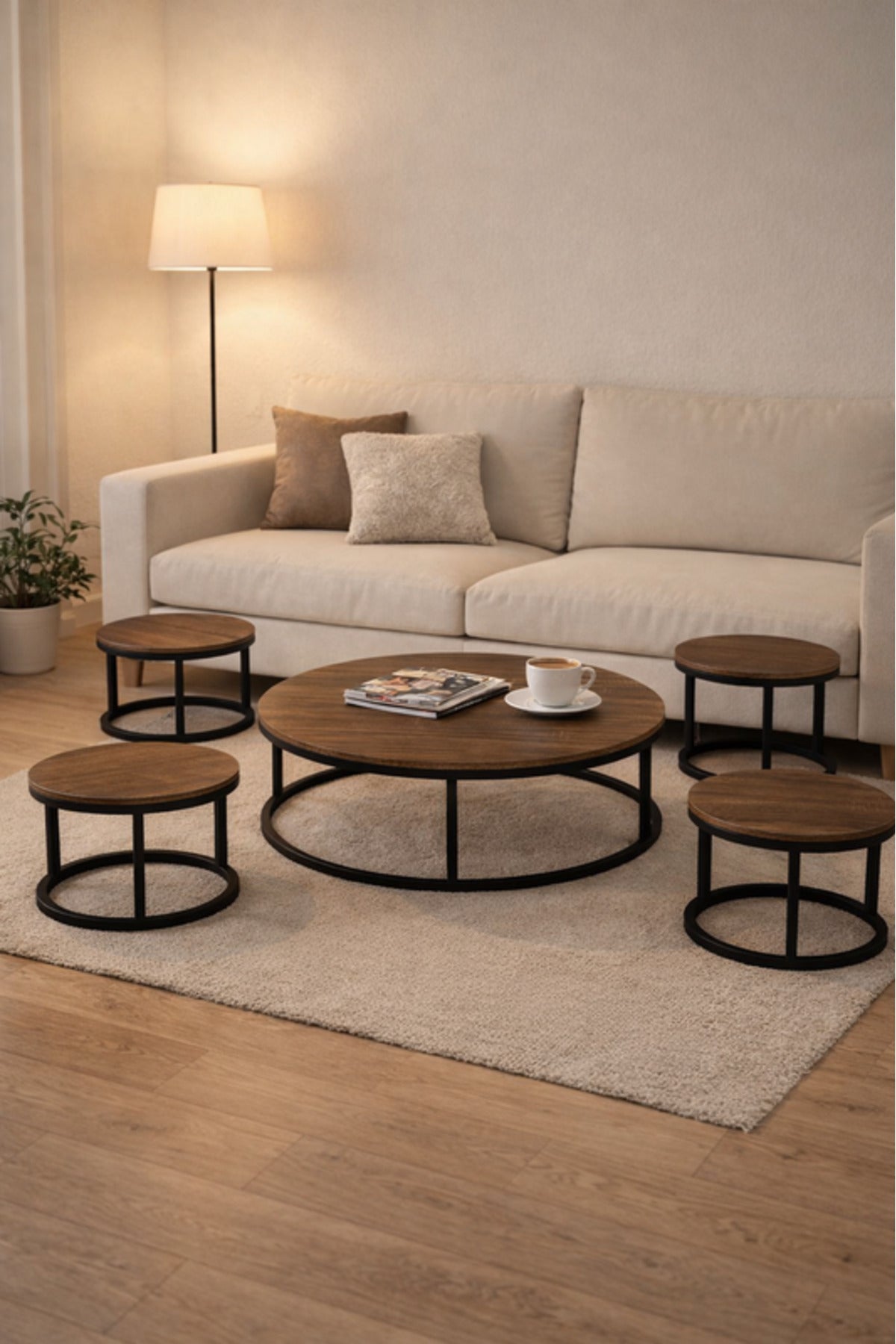 Modern Round Coffee Table Set 1+4 √ê Wood Top with Black Metal Frame