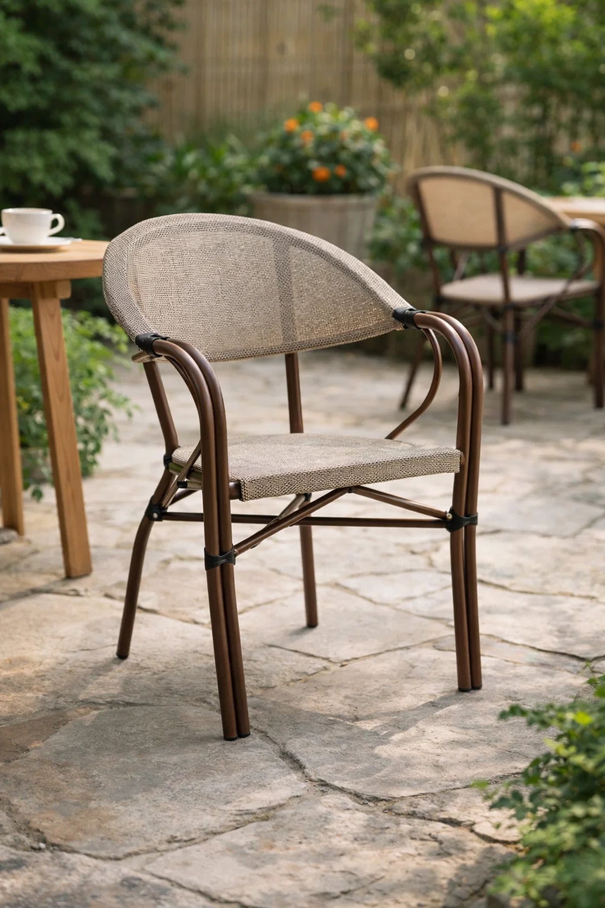 Beige and Coffee Outdoor Dining Chair with Mesh Back Armrests beige coffee Garden