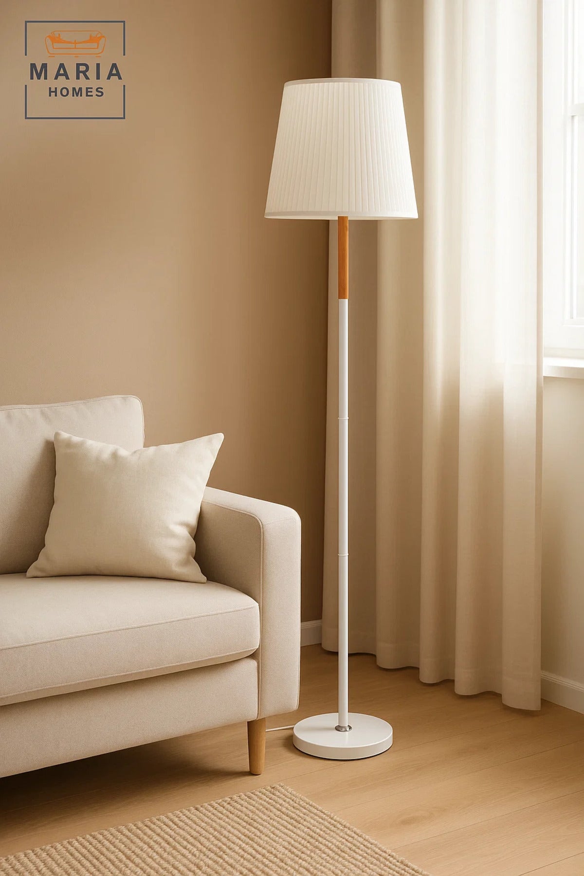 White Floor Lamp with Wooden Accent and Round Base