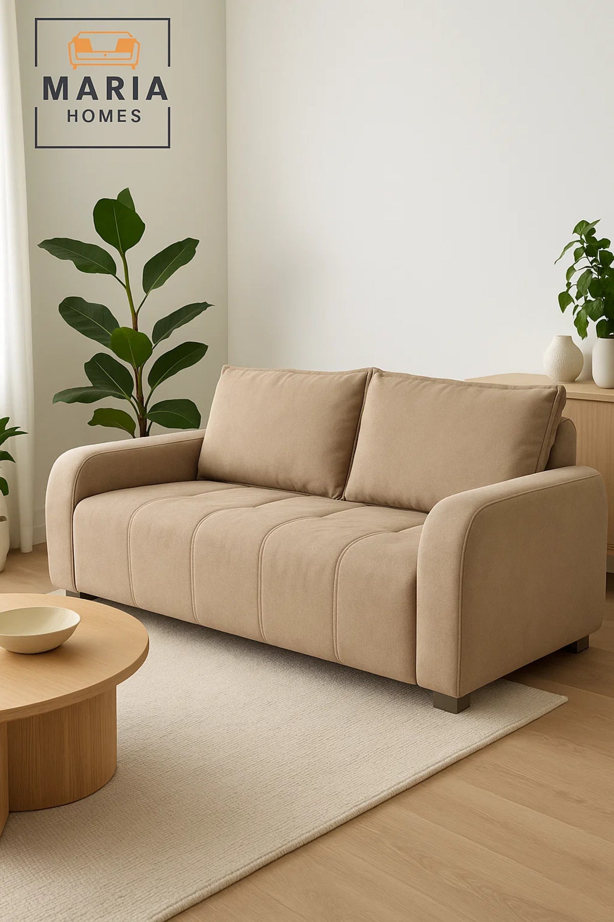 Modern Beige 3 Seater Sofa Ð Comfortable Living Room Couch with Soft Fabric Upholstery