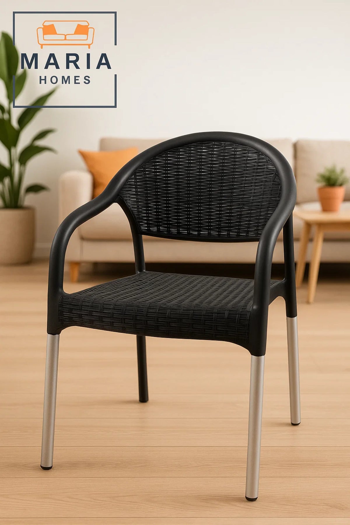 Black Rattan-Style Plastic Chair with Silver Legs Ð Indoor Outdoor Durable Seating
