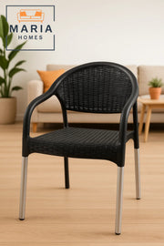 Black Rattan-Style Plastic Chair with Silver Legs Ð Indoor Outdoor Durable Seating