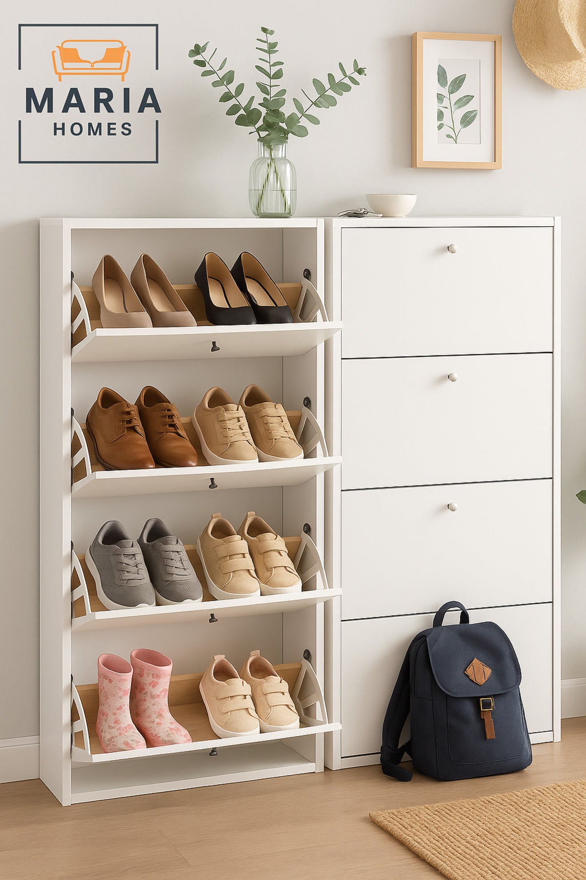 White Wooden Shoe Cabinet Ð 4 Flip Drawers Space Saving Shoe Rack Organizer 62_25_158 cm