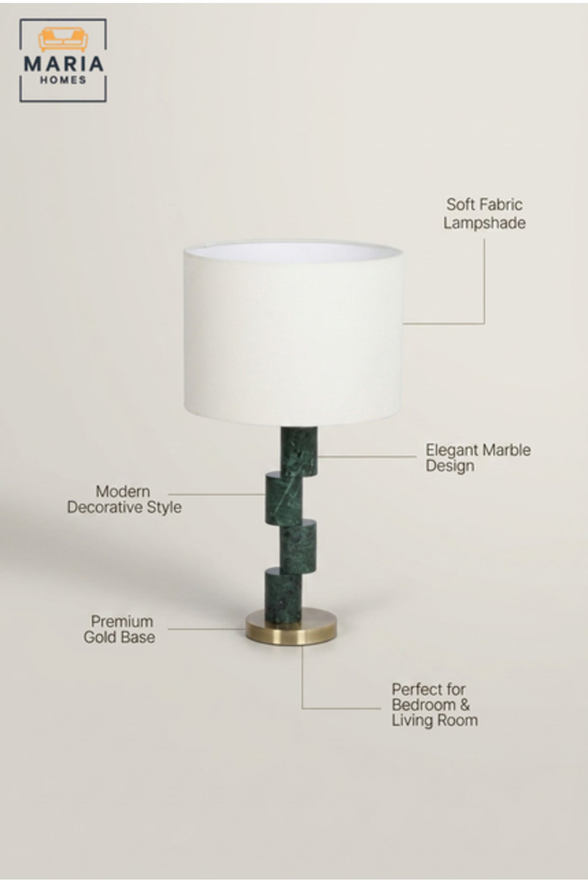 Modern Green Marble Effect Table Lamp with Geometric Column, White Fabric Drum Shade and Gold Base Decorative Bedside Light for Home and Office
