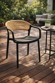 Modern Black Dining Chair with Brown Rattan Back and Armrests for Indoor Outdoor Use