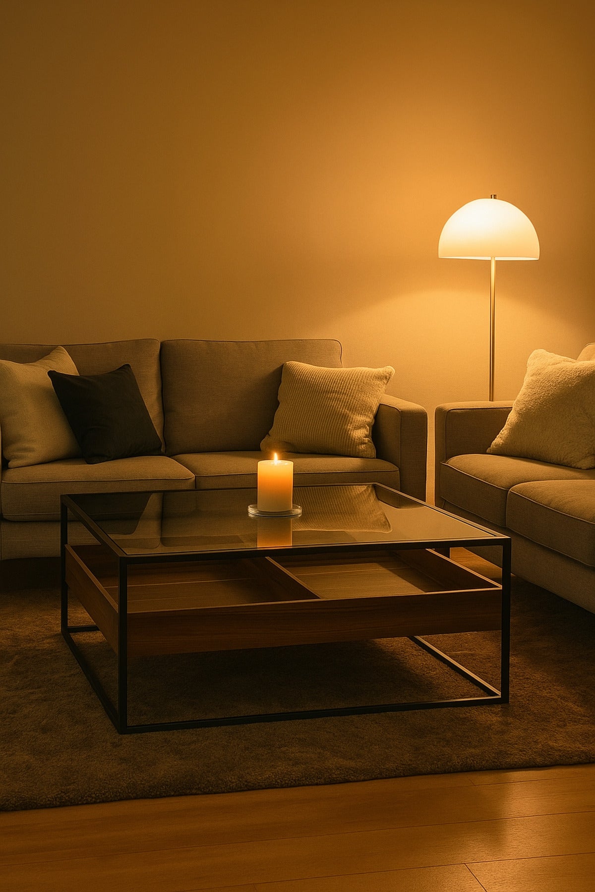 Walnut Coffee Table with Glass Top & Black Metal Frame Ð Modern Square 100_100_45 cm