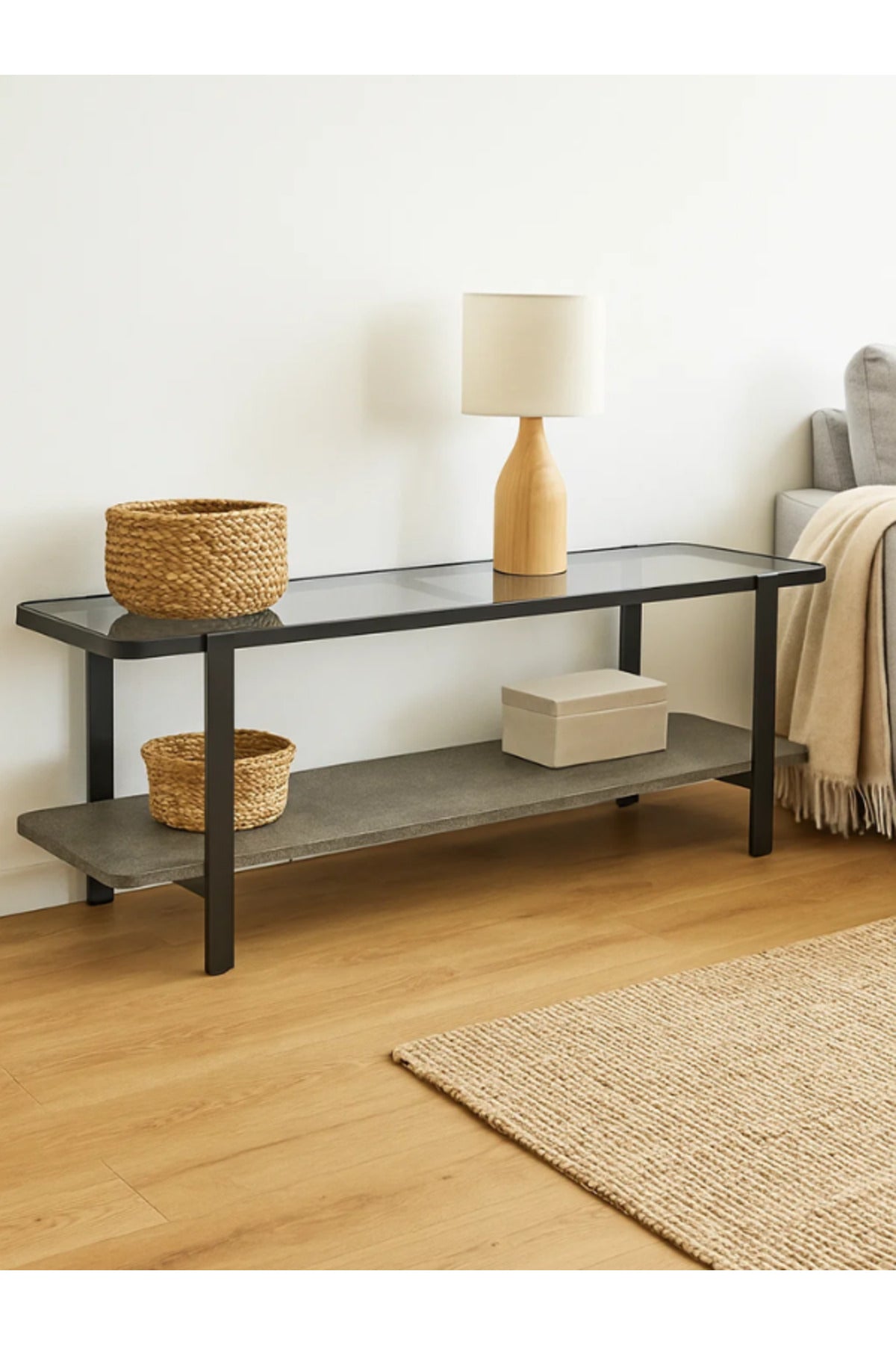 Modern Glass Top Console Table with Grey Stone Shelf & Black Metal Frame Ð 180_40_50 cm
