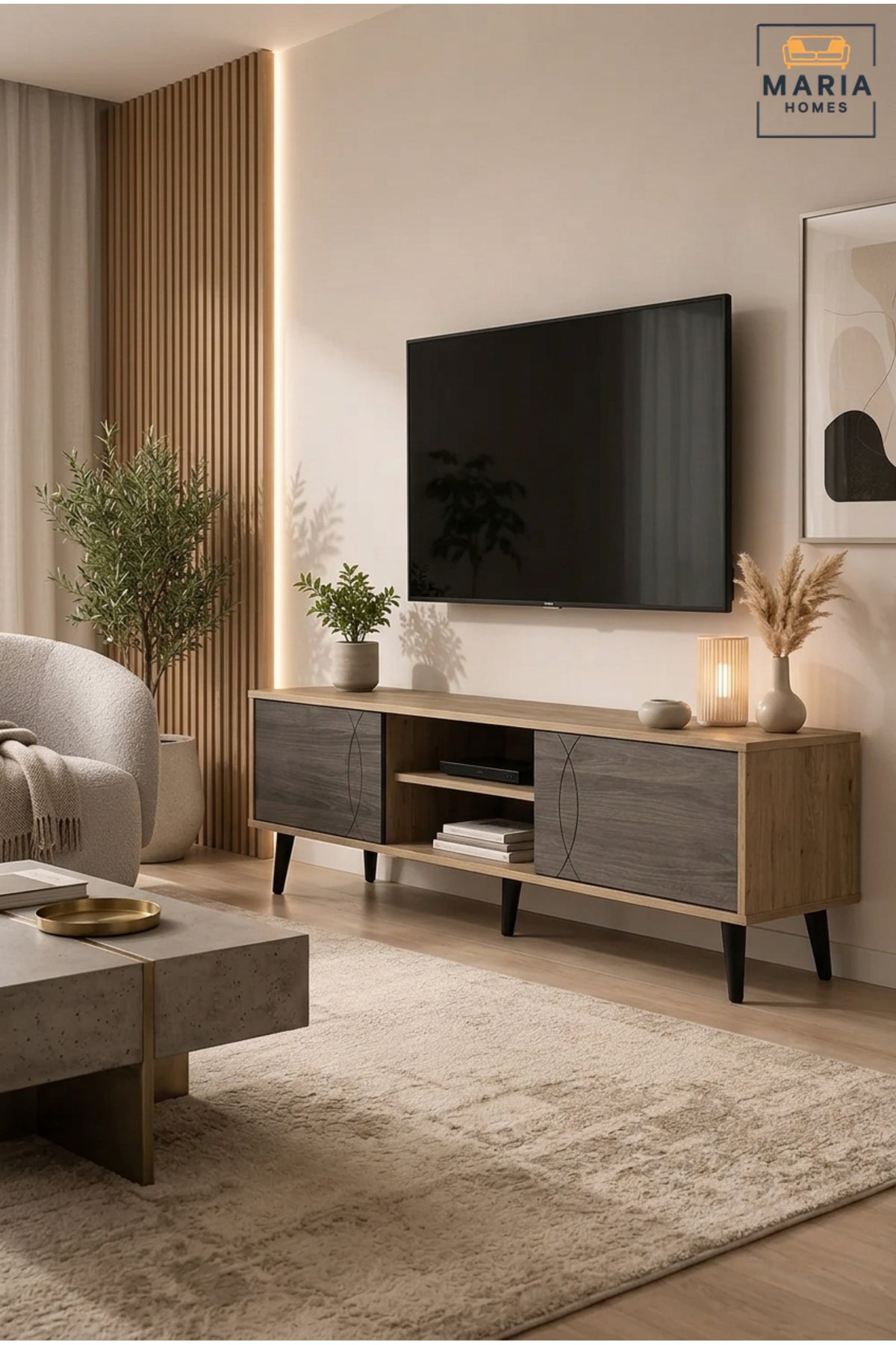 Modern Two-Tone TV Unit with Sliding Doors √ê Wooden Entertainment Console Cabinet