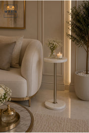 Modern Marble Side Table Round End Table Accent Table for Living Room Bedroom White Silver
