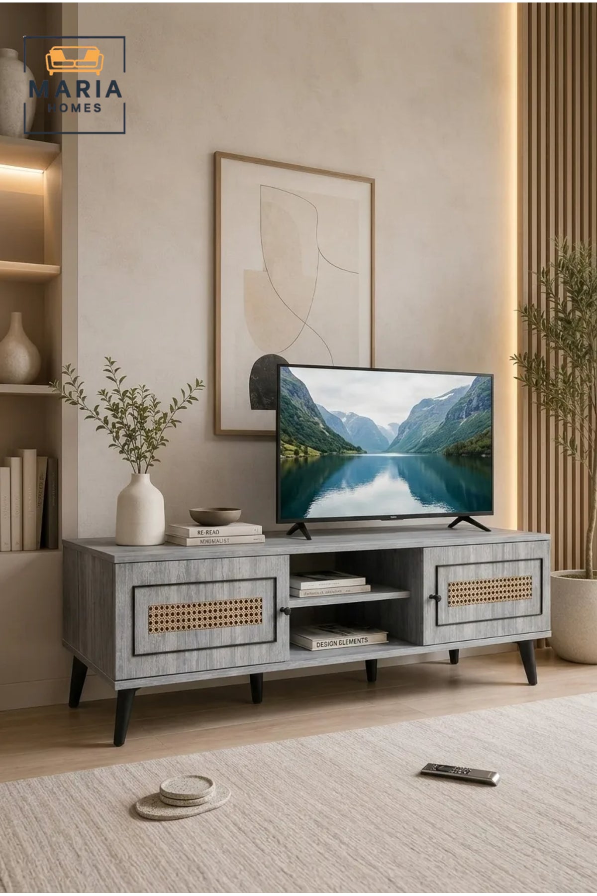 Modern Rattan Style TV Unit 180 _ 40 _ 45 cm √ê Wooden Entertainment Center with 2 Doors and Open Storage Shelf