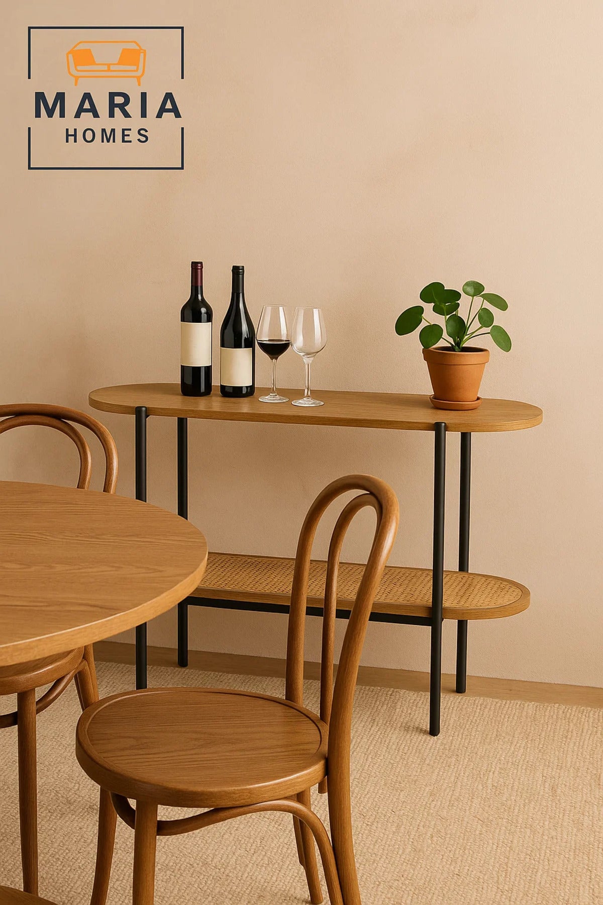 Oval Console Table with Wood Top and Rattan Shelf Ð Black Frame