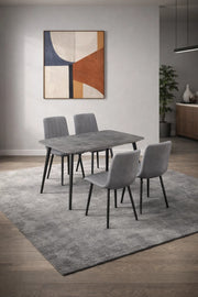 Modern Grey Dining Room Set 4 Fabric Chairs Stone Pattern Table Black Metal Legs 130x80cm Kit