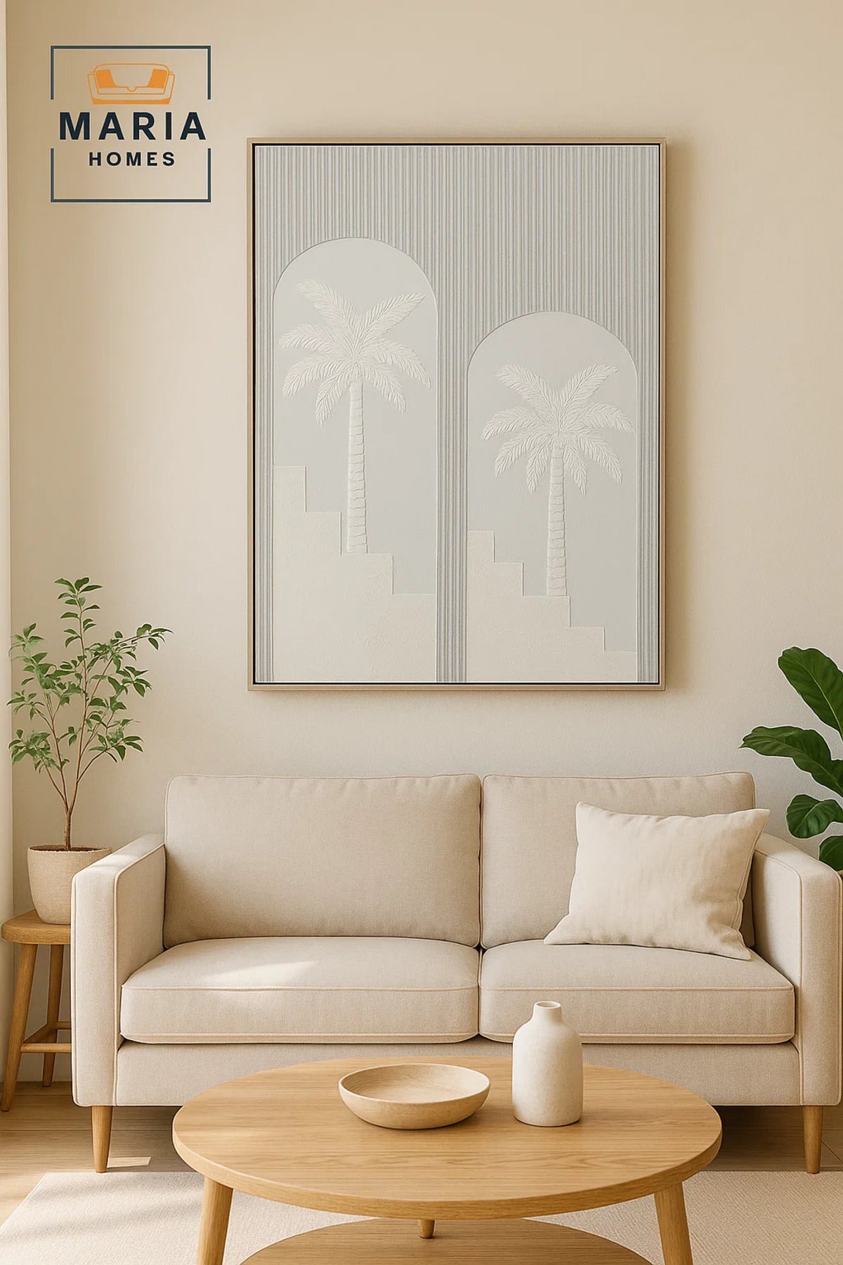 Modern 3D Wall Art Ð White Palm Tree Decorative Panel with Textured Arches 120_80 cm