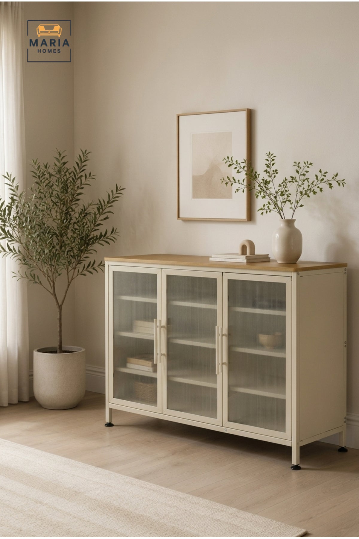 Modern Metal Sideboard Cabinet with Fluted Glass Doors √ê Contemporary Storage & Display Cabinet