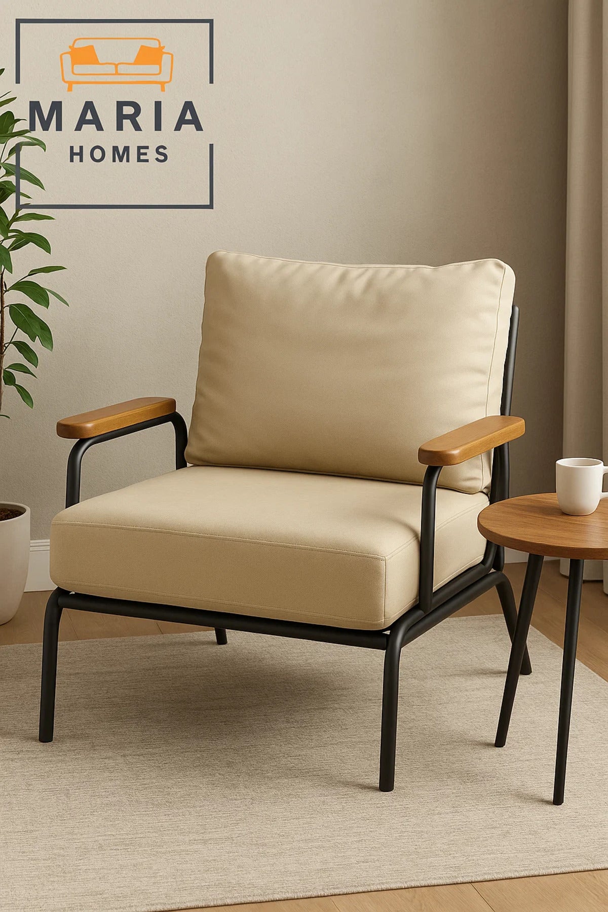 Cream Faux Leather Lounge Chair Ð Wood Armrests & Metal Frame for Living Room, Office or Reception