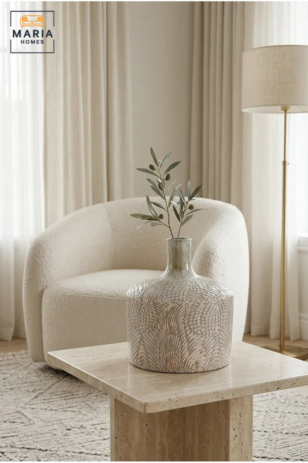 White Textured Decorative Vase, Modern Ceramic Flower Holder with Embossed Leaf Pattern and Narrow Neck for Living Room, Bedroom, Shelf and Table Décor