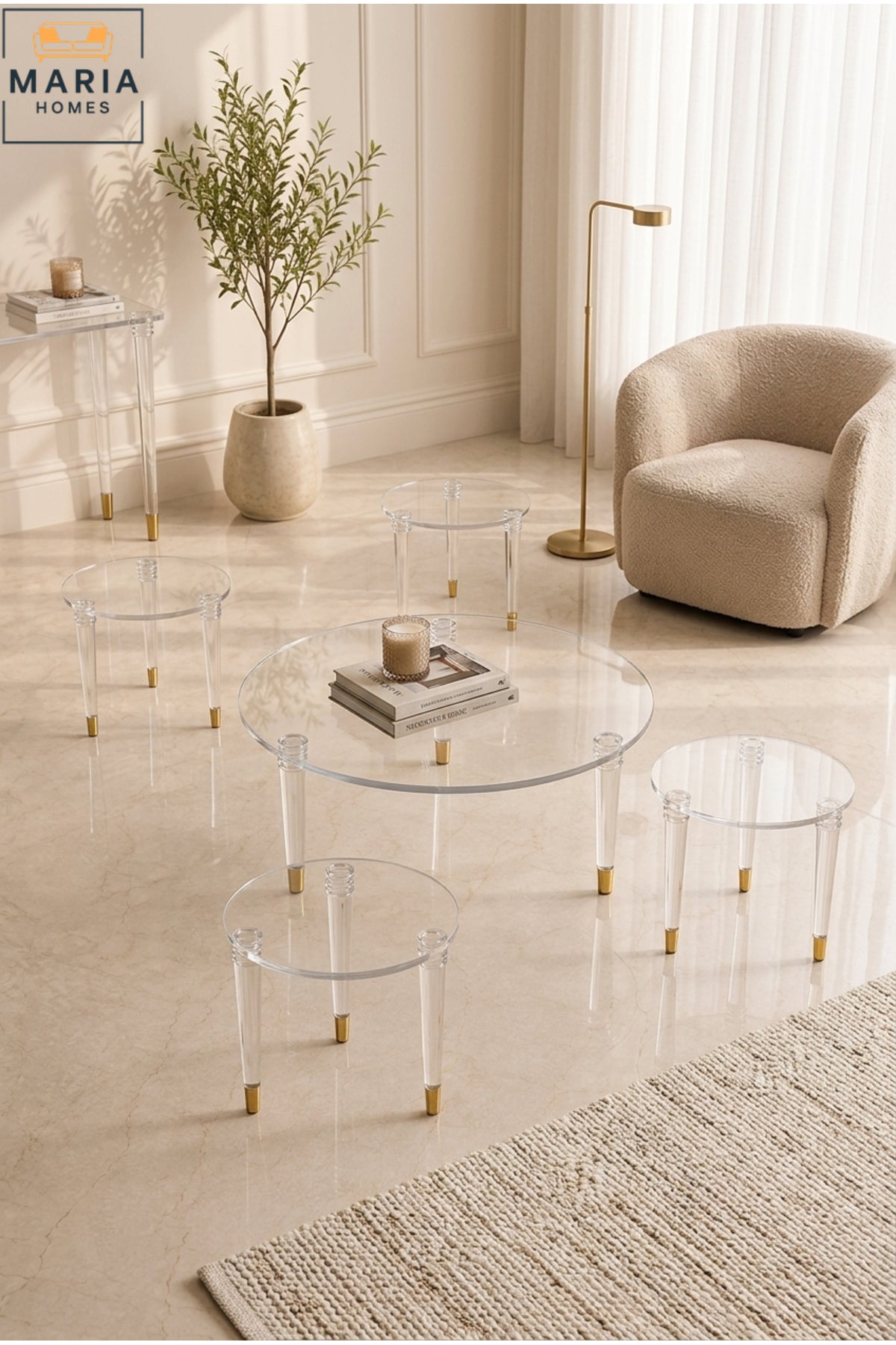 Round Acrylic Center Table Set – Clear 2-Tier Design with Lower Shelf