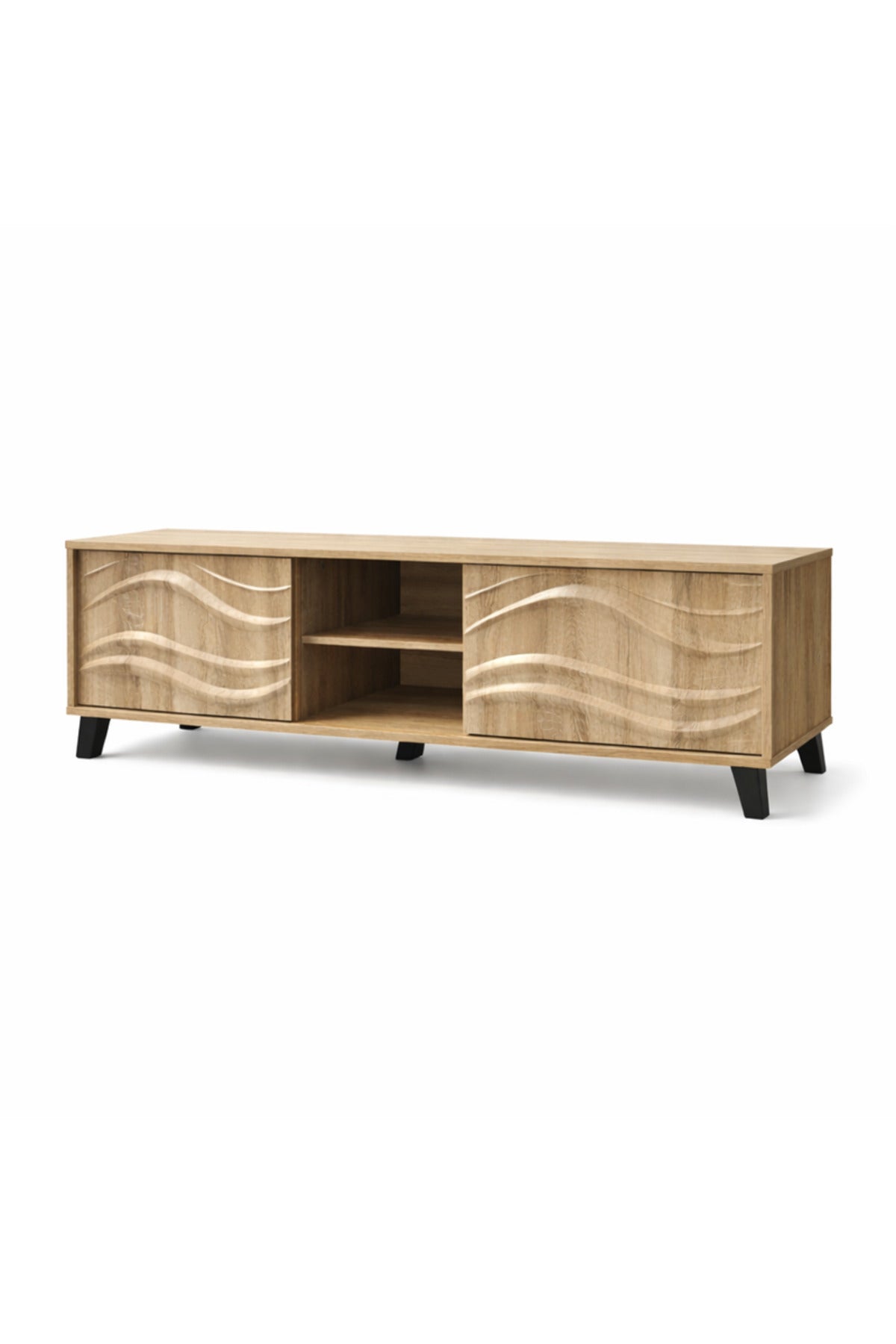 Modern Wood Finish TV Stand with Wave Design and Storage Shelves
