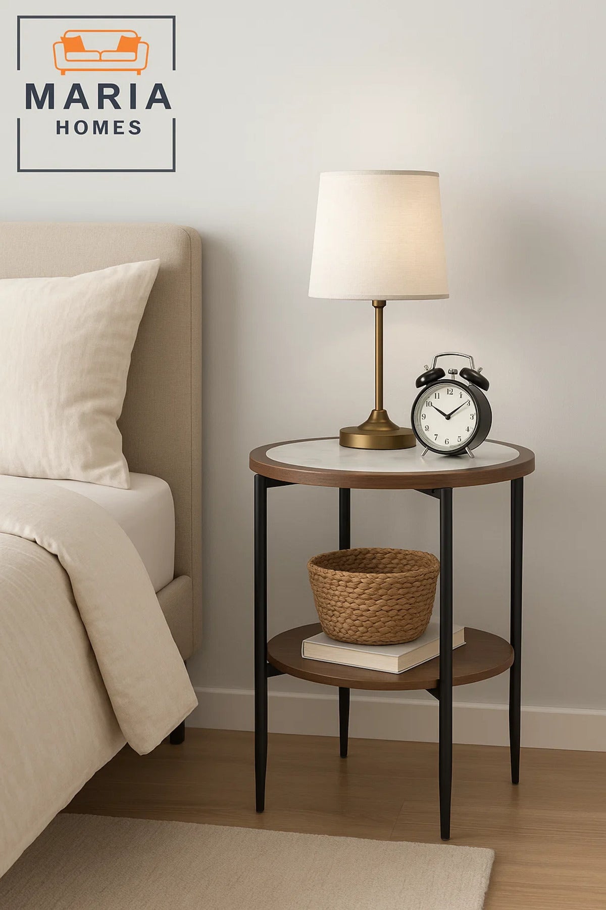 Round Side Table with White Marble-Inspired Top and Wooden Shelf