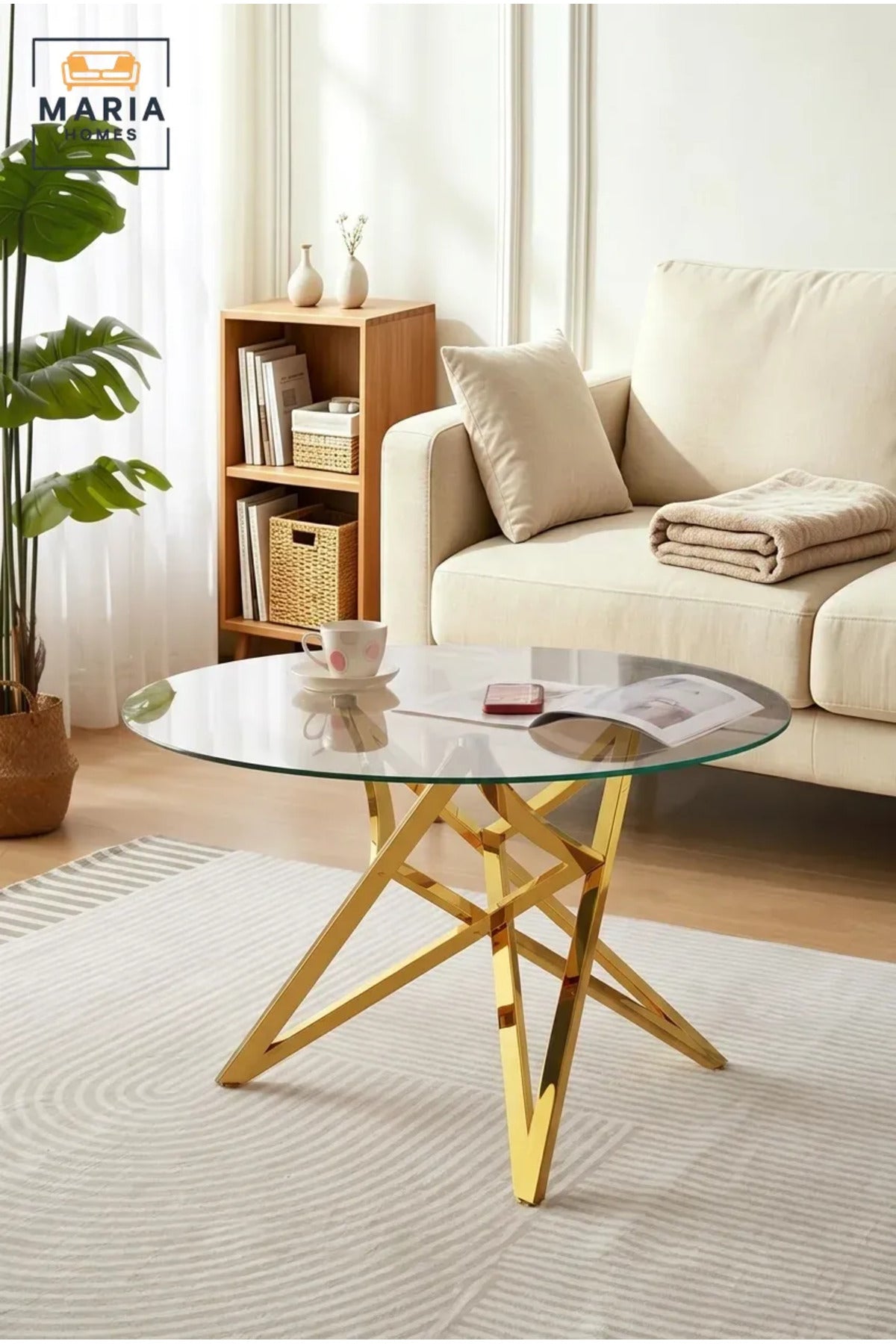 Modern Round Glass Coffee Table with Gold Metal Base √ê Luxury Tempered Glass Center Table for Living Room, Lounge & Contemporary Interiors
