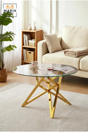 Modern Round Glass Coffee Table with Gold Metal Base √ê Luxury Tempered Glass Center Table for Living Room, Lounge & Contemporary Interiors