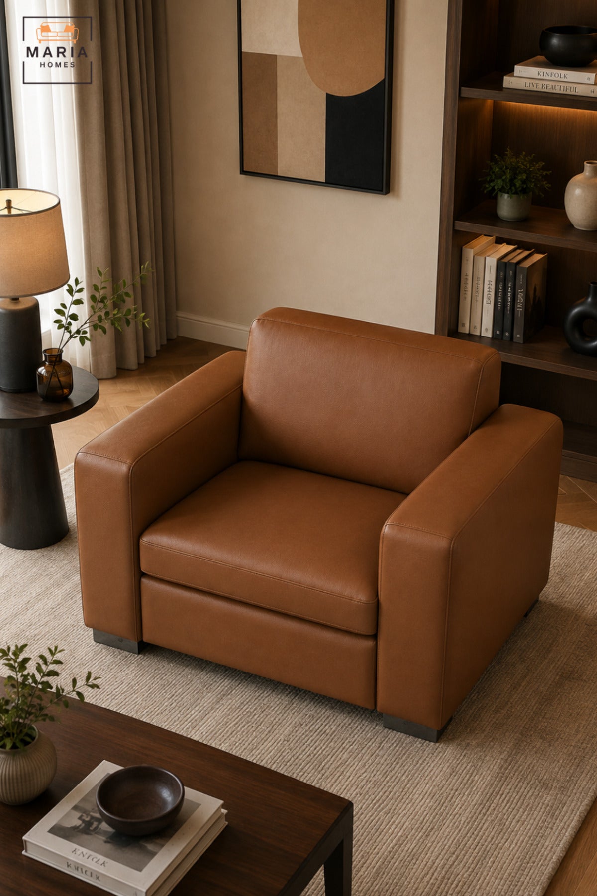 Modern Brown Leather Armchair with Wide Padded Armrests, Cushioned Seat & Low Metal Feet, Contemporary Lounge Accent Chair for Living Room Office Reception