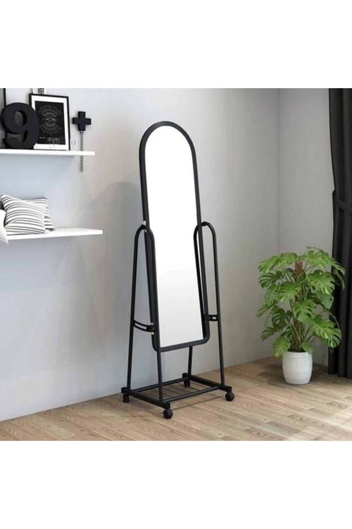 Black Full-Length Mirror with Wheels and Storage Shelf Ð Freestanding Metal Dressing Mirror Stand