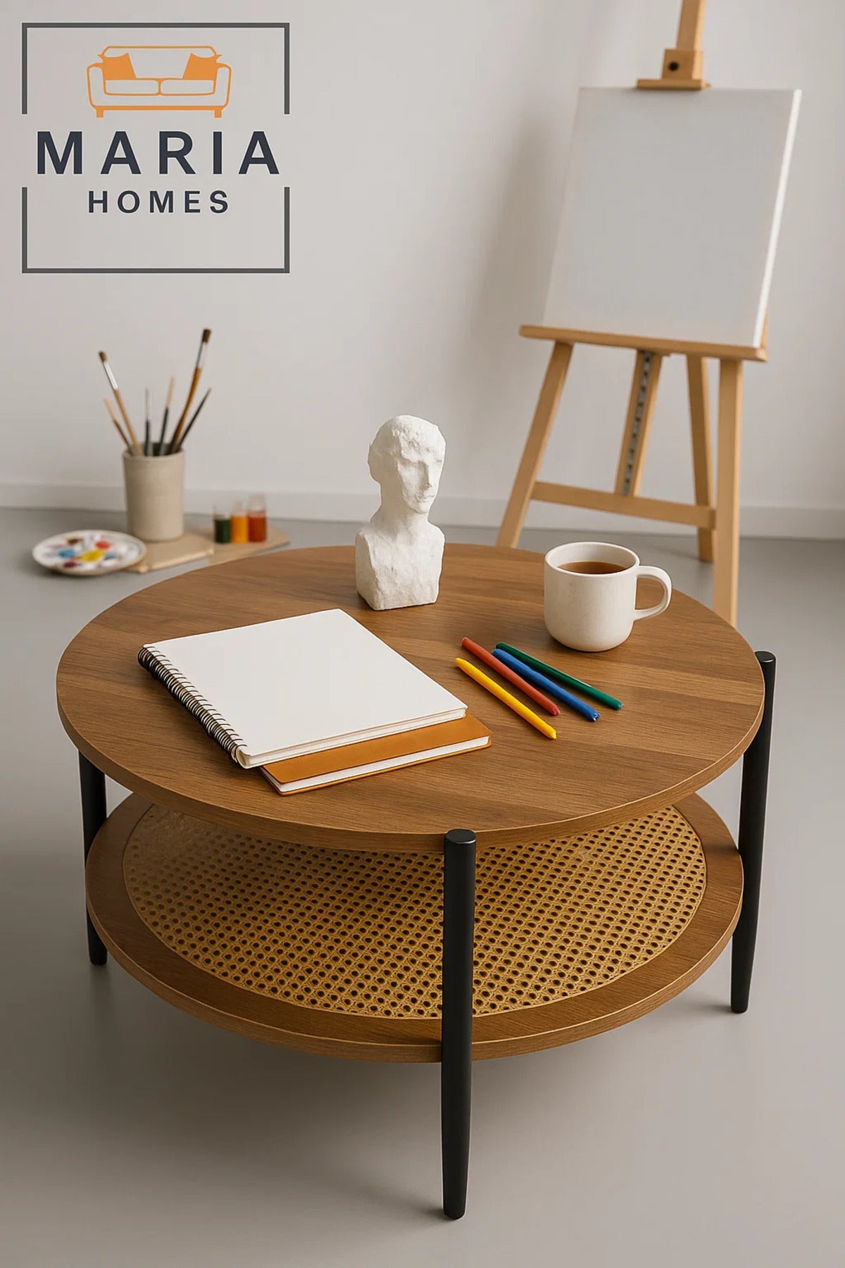 Wood grain coffee table with round rattan storage shelf