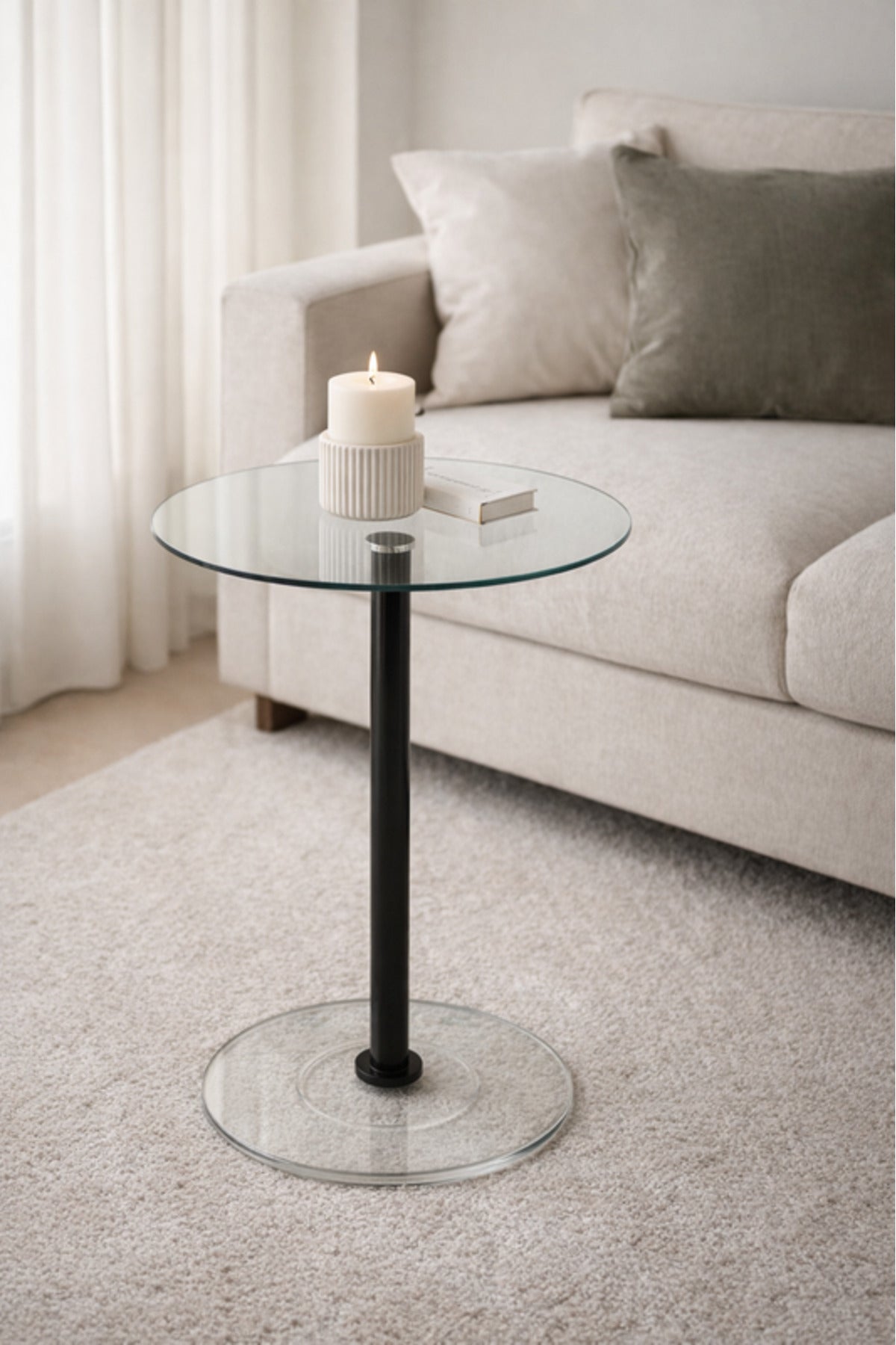 Round Glass Side Table with Black Metal Base 35_35_56 cm Modern Accent round glass side