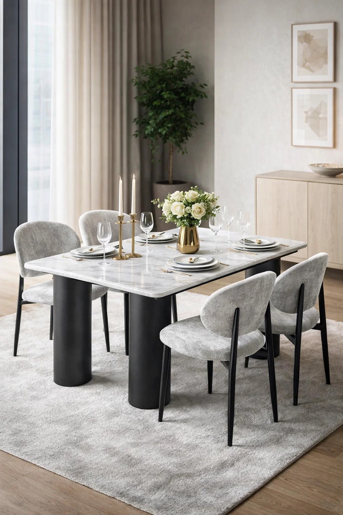 Modern Marble Top Dining Table Set with 4 Upholstered Chairs 160x90x75cm modern marble