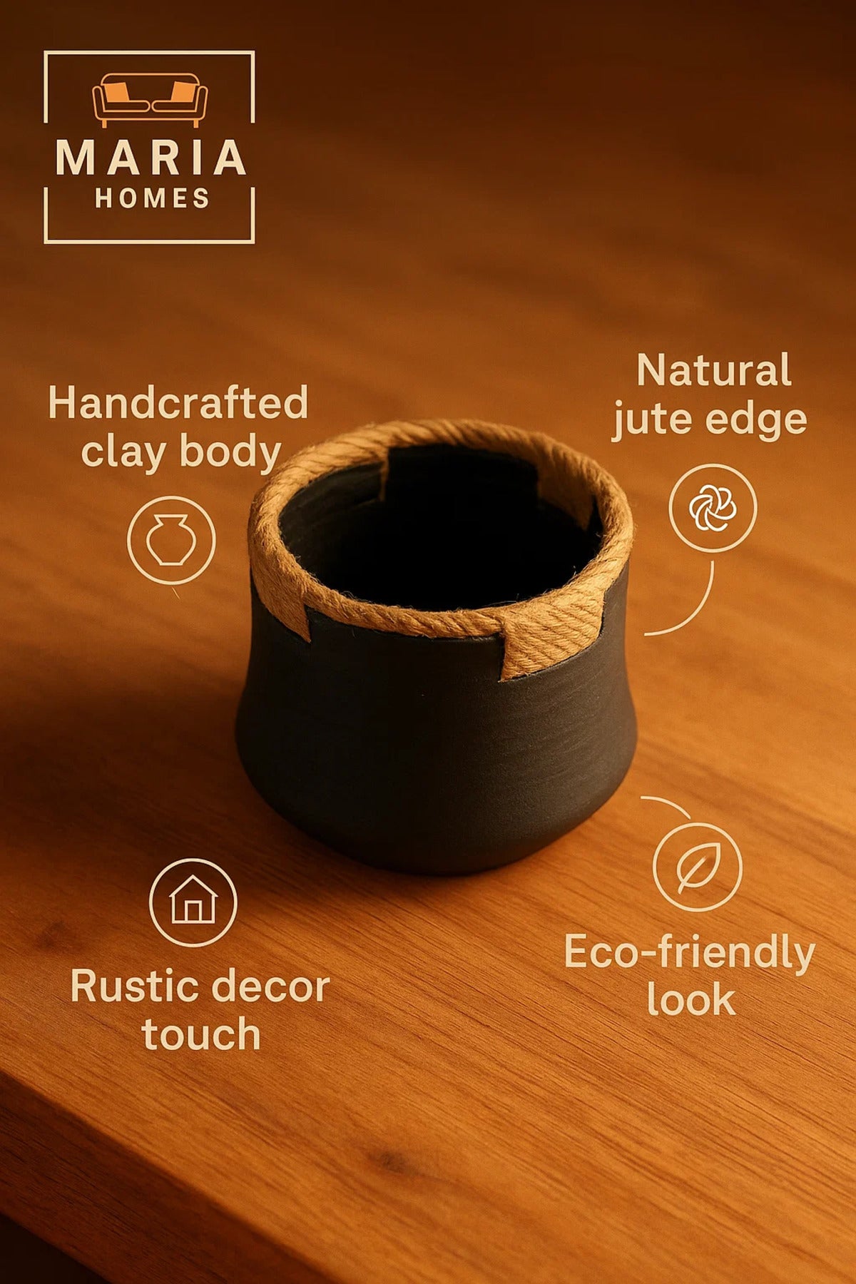 Rustic Black Ceramic Pot with Natural Jute Wrap Ð Small Decorative Accent