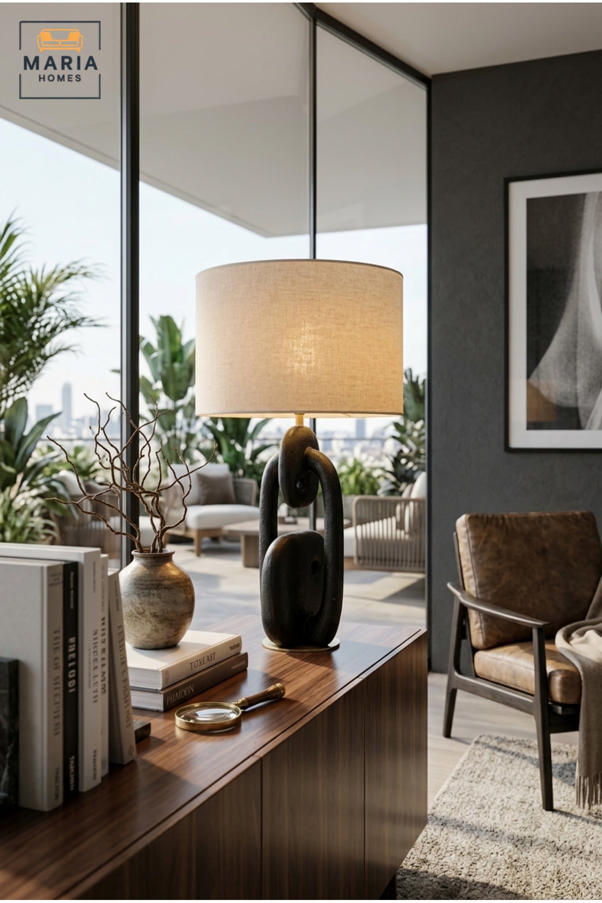 Modern Abstract Black Table Lamp with Beige Drum Fabric Shade and Sculptural Chain Link Base for Bedroom, Living Room, Office, Hotel and Bedside Décor