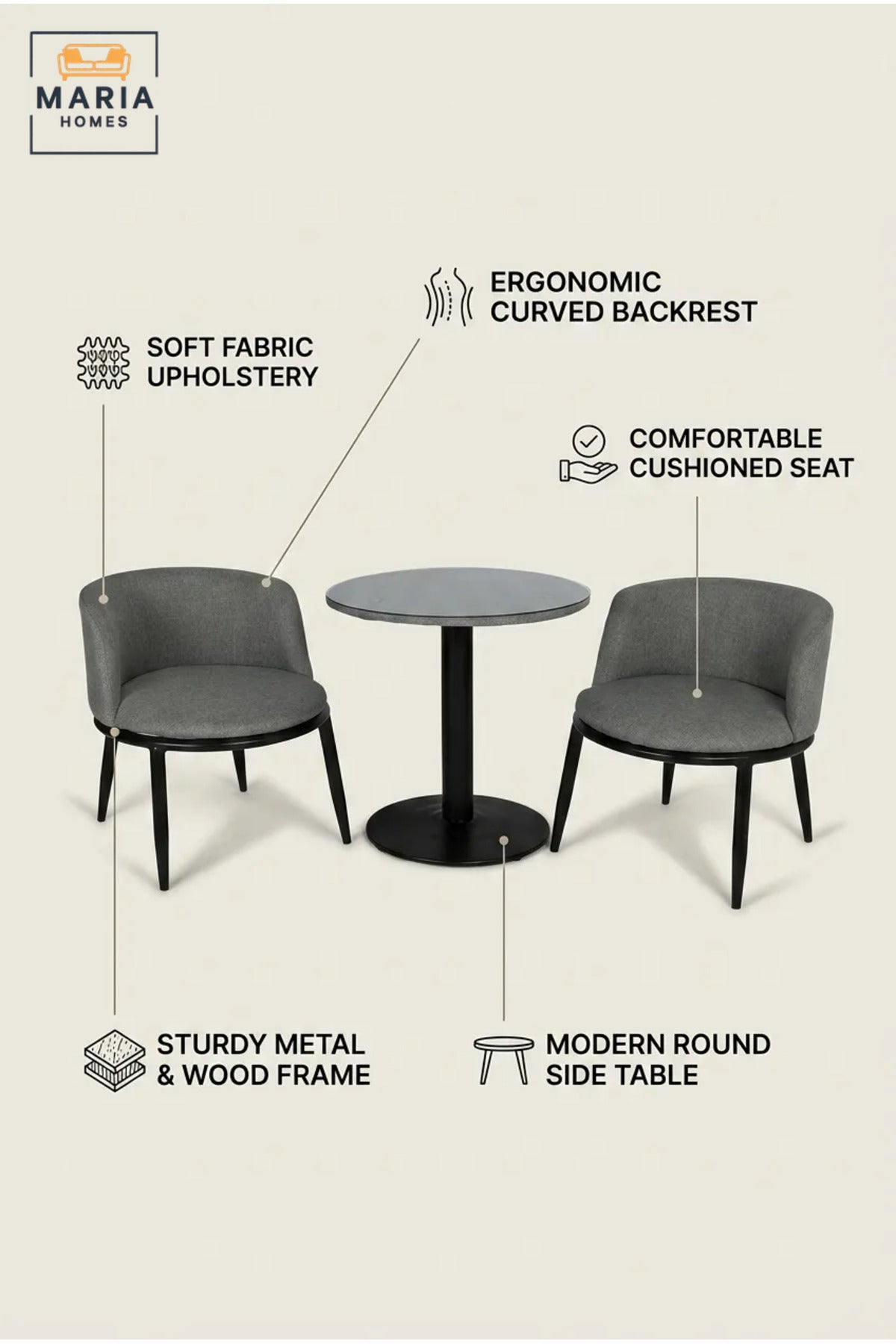 3-Piece Bistro Dining Set | Round Table with 2 Upholstered Accent Chairs | Modern Café Table & Chair Set for Dining Room, Balcony & Living Room
