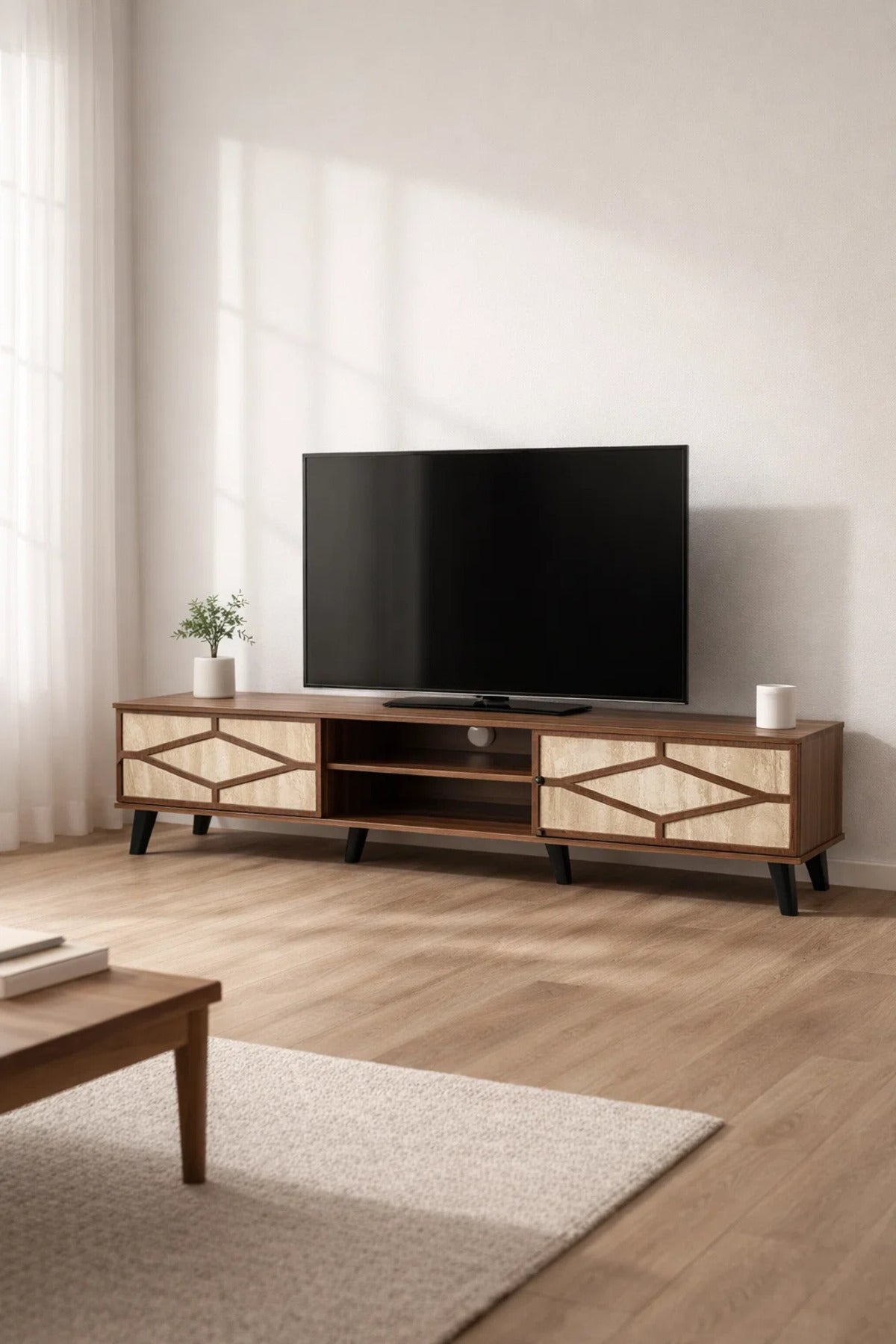 Modern Wooden TV Stand Dark Brown with Beige Stone Pattern 160 x 40 x 43 cm