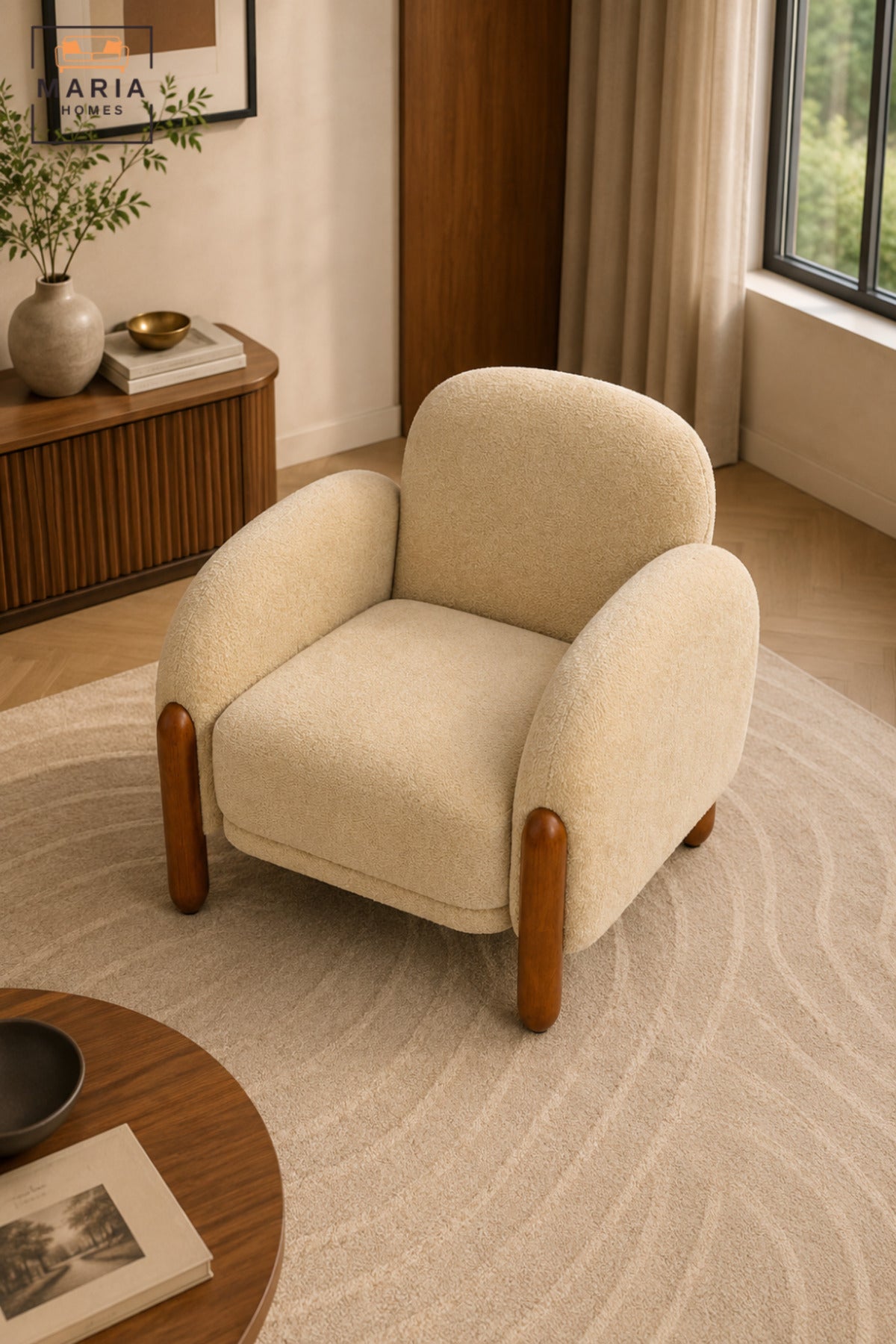 Modern Upholstered Accent Armchair with Curved Backrest, Padded Seat, Rounded Armrests and Wooden Legs | Lounge Chair for Living Room and Bedroom