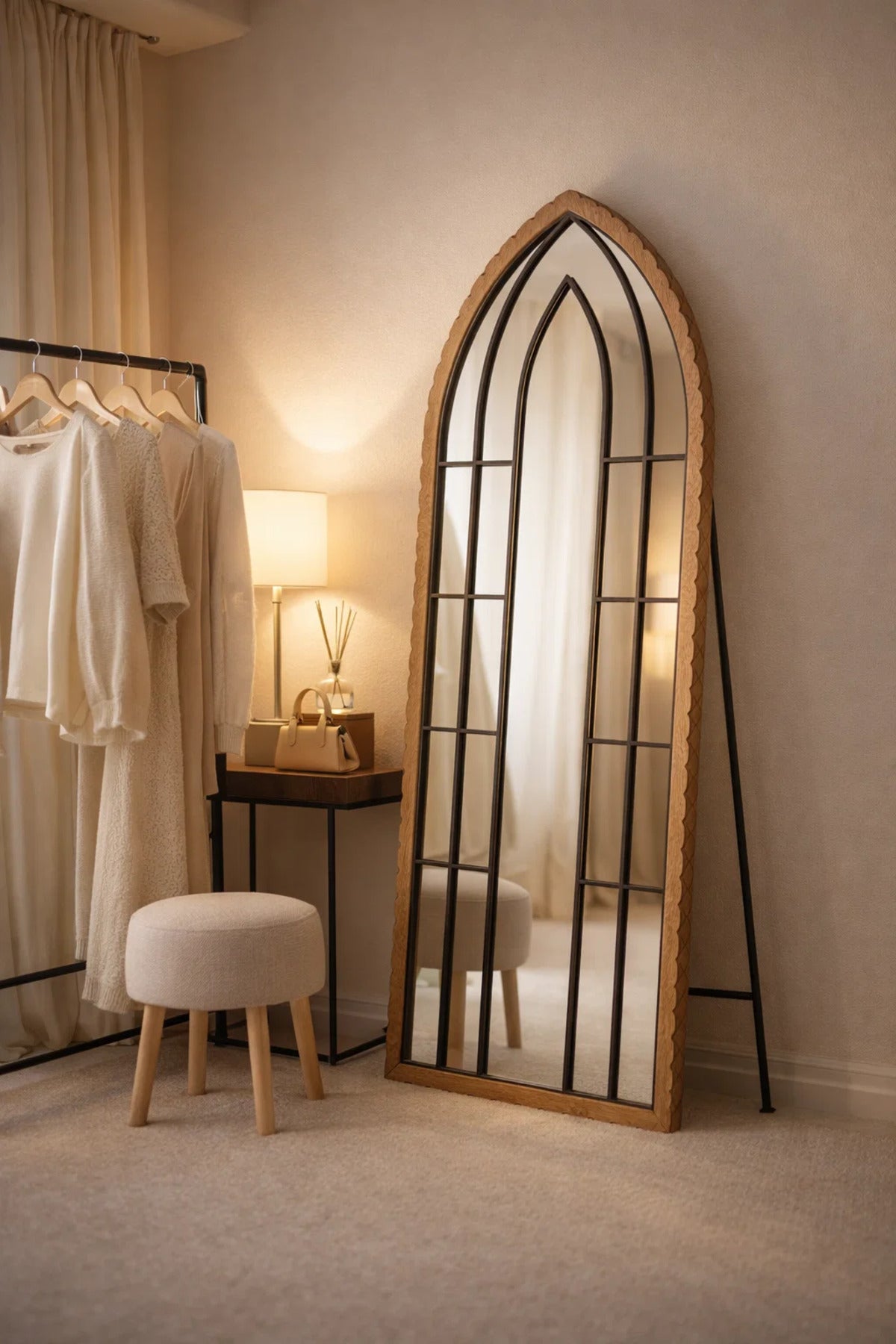 Arched Full Length Floor Mirror Window Design Wooden Frame 160x60cm Natural Finish