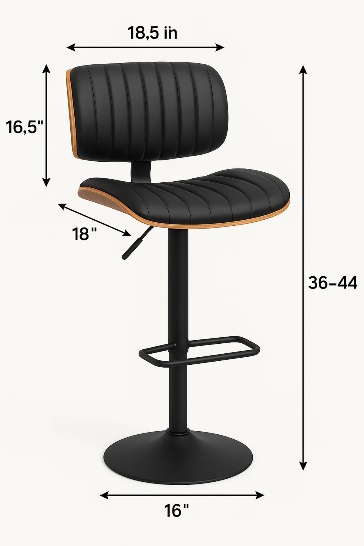 Adjustable Black Bar Stool with Backrest Ð Modern Faux Leather High Chair for Home or Cafe Use