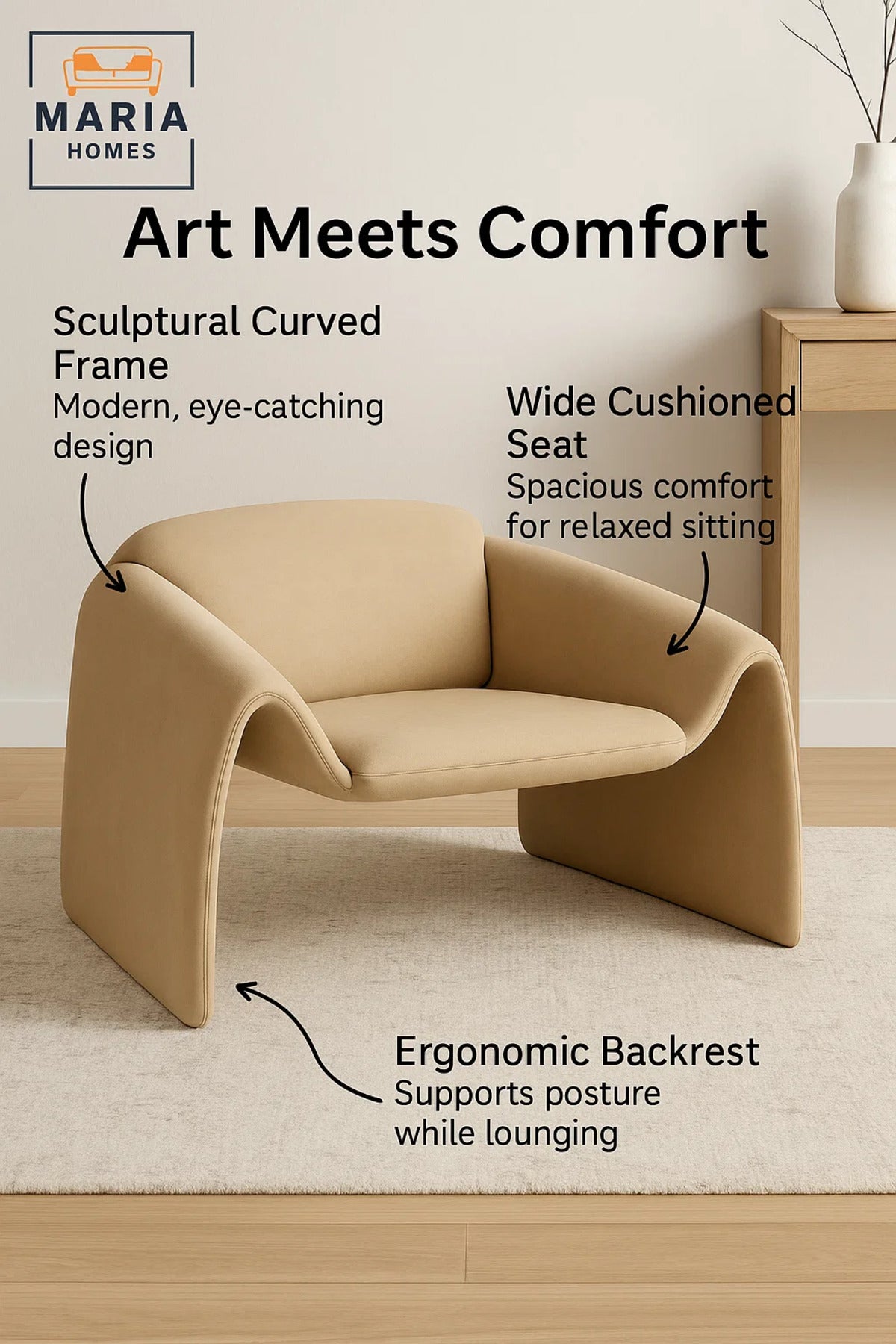 Contemporary Beige Lounge Chair with Sculptural Arm Design