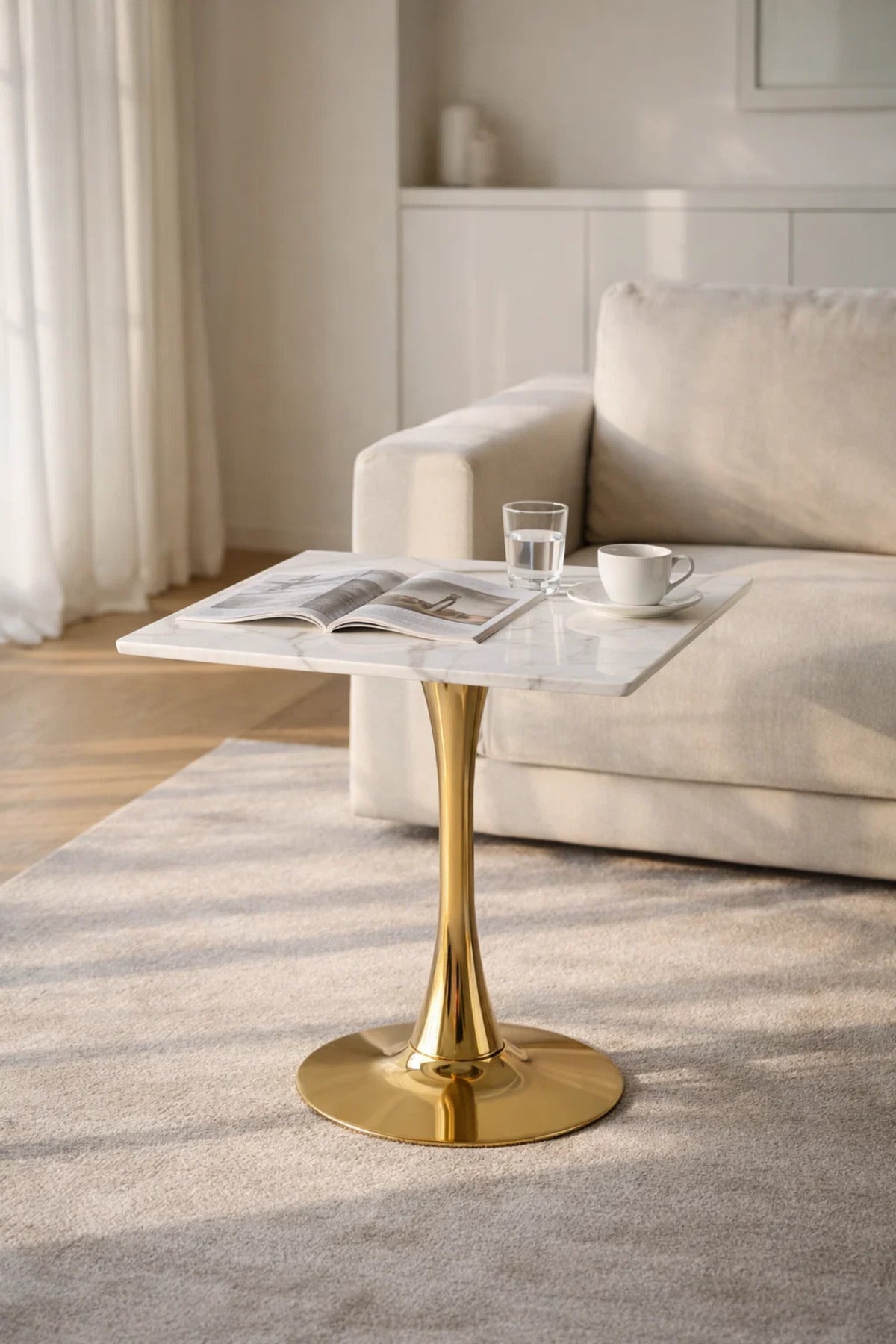 Square White Marble Style Caf≈Ω Table with Gold Base 70 _ 70 _ 75 cm
