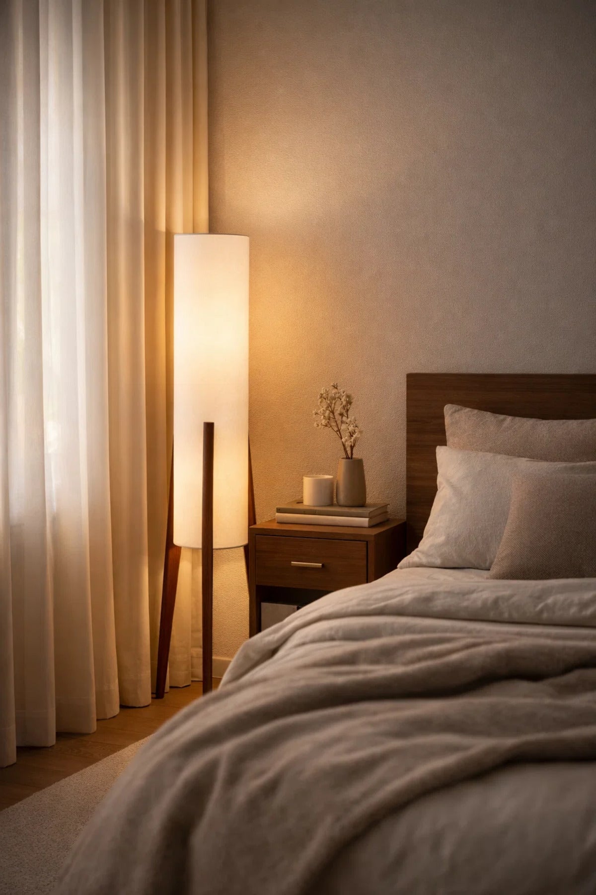Modern Floor Lamp with Fabric Shade and Wooden Tripod Legs for Home Decor