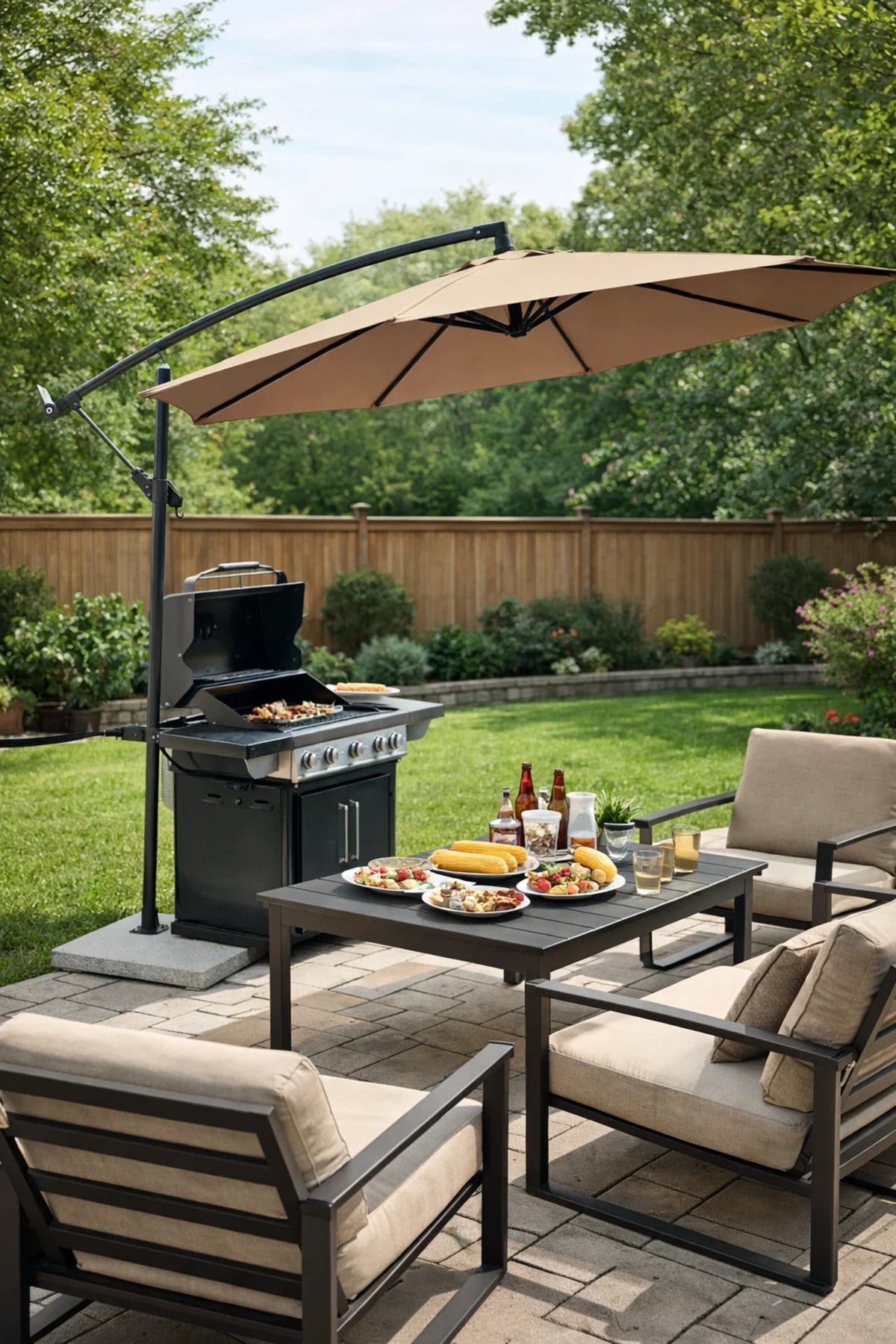 Luxury Dark Beige Offset Hanging Patio Umbrella with Base for Garden Terrace Outdoor Sun Shading