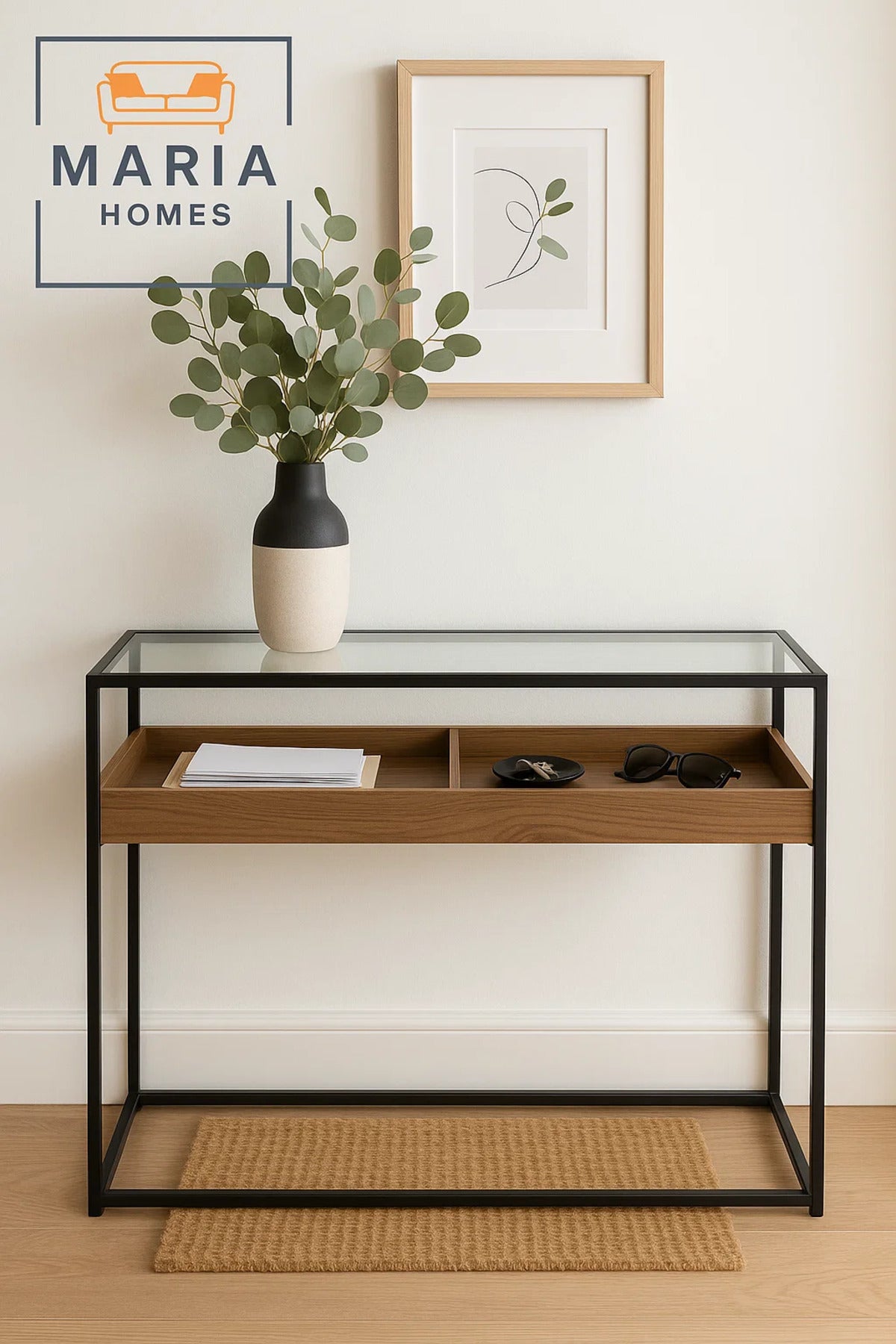 Glass Top Display Console Table with Wood Tray Ð 120x80x85cm Industrial Modern Storage Table