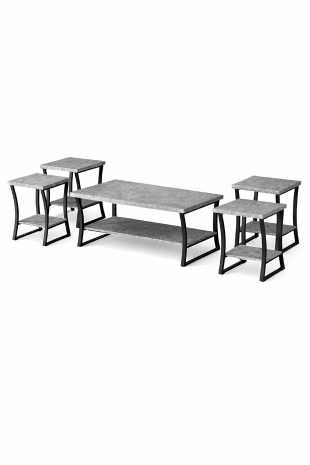 Premium 5-Piece Coffee and Side Table Set Grey Top Black Metal Legs Industrial Living Room Furniture