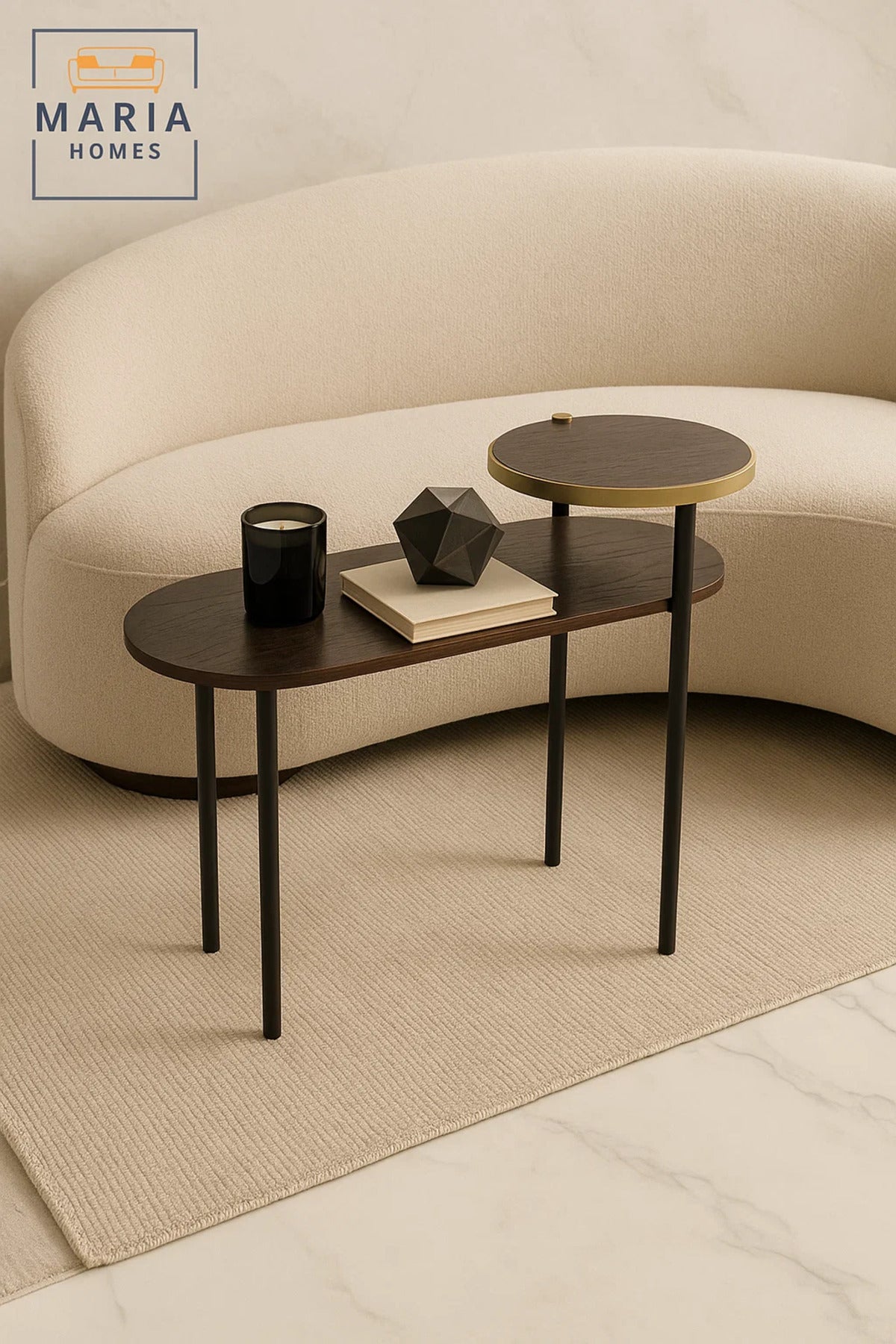 Dual-Level Oval Side Table with Black Finish and Gold Rim