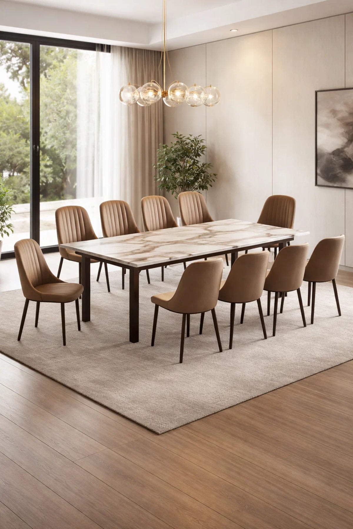 Modern 11-Piece Dining Room Set Marble Pattern Table 225cm with 10 Upholstered Chairs Brown