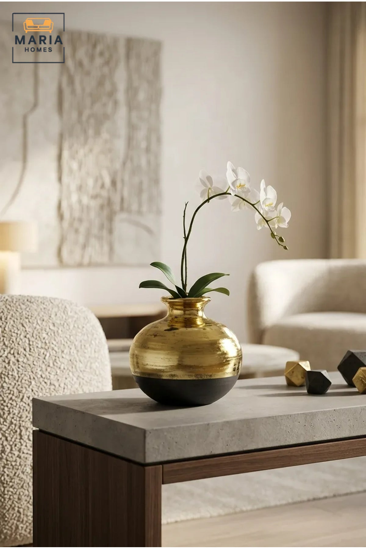 Modern Decorative Flower Vase with Gold-Tone Finish, Rounded Body and Contrasting Base for Living Room, Bedroom, Office, Shelf and Console Décor