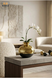 Modern Decorative Flower Vase with Gold-Tone Finish, Rounded Body and Contrasting Base for Living Room, Bedroom, Office, Shelf and Console Décor