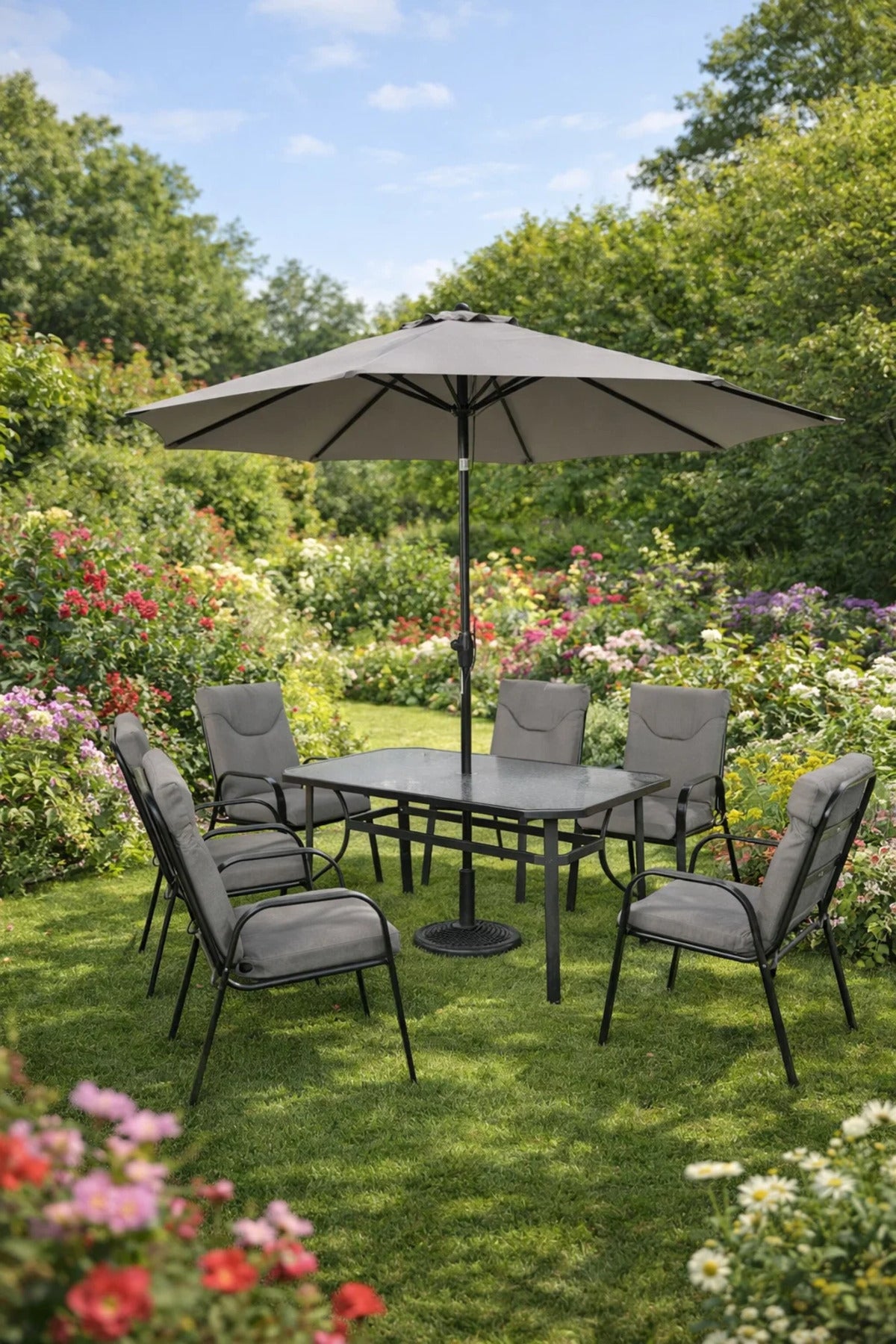 Outdoor Patio Dining Set 6 Chairs with Umbrella Glass Table Grey Cushioned Garden Furniture