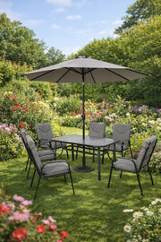 Outdoor Patio Dining Set 6 Chairs with Umbrella Glass Table Grey Cushioned Garden Furniture